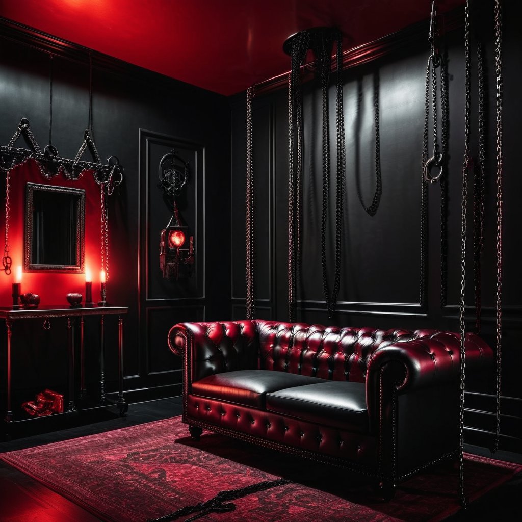 Lounge area with a leather chesterfield sofa and hanging chains