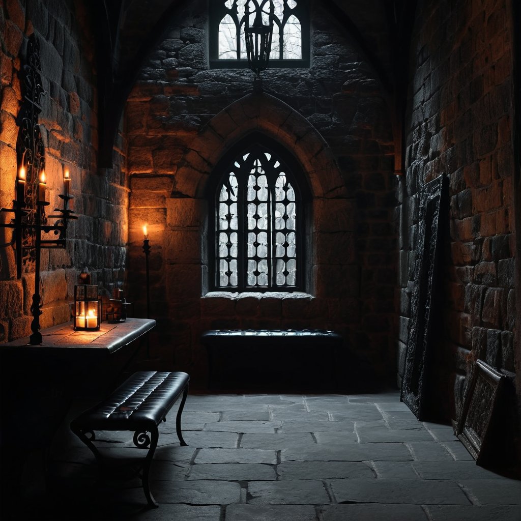 Gothic stone chamber lit by candlelight