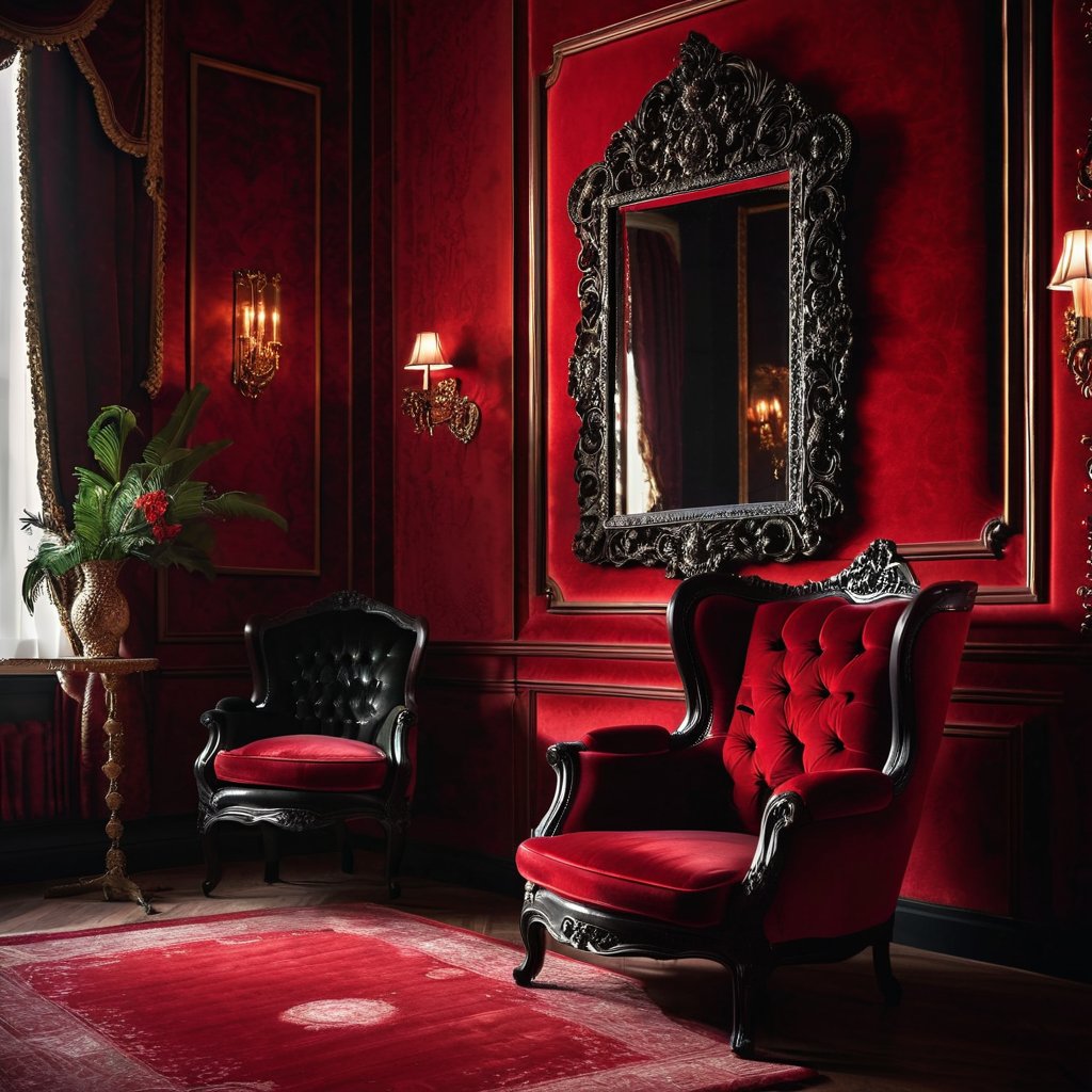Red velvet boudoir seating area with an ornate mirror