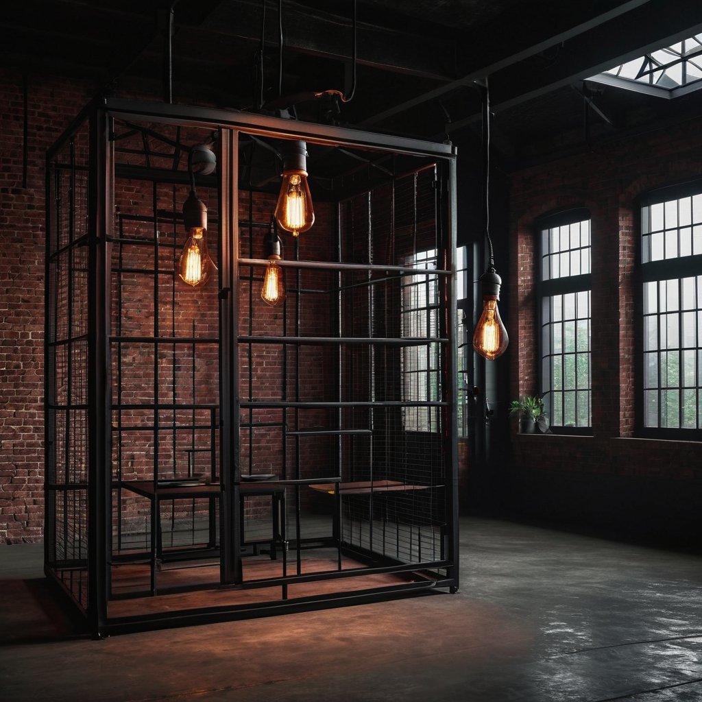 Industrial cage installation under exposed brick and Edison bulbs