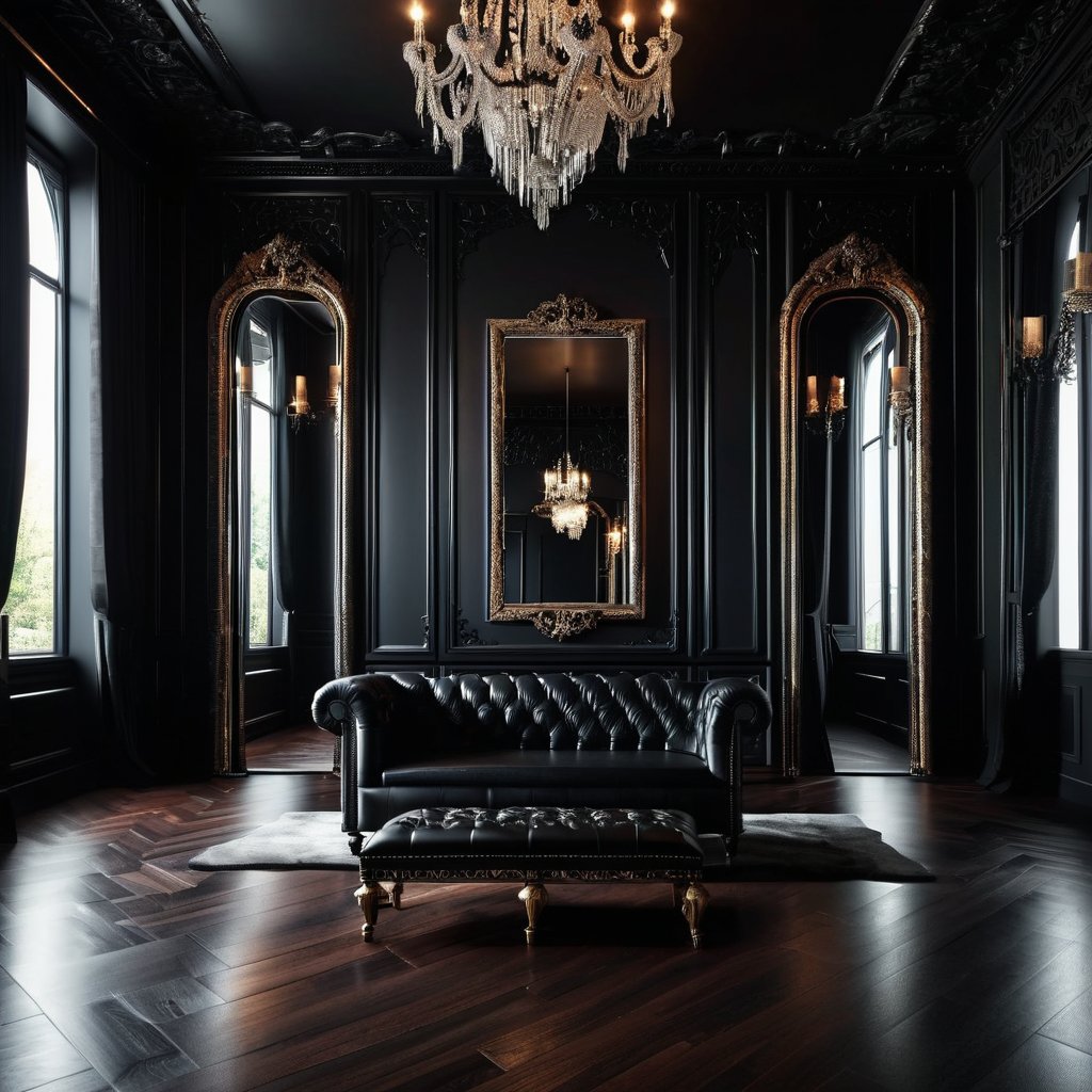 Elegant black lounge with a crystal chandelier and mirrors